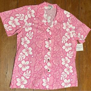 Vibrant Pink Hibiscus Leis Camp Shirt by KY's